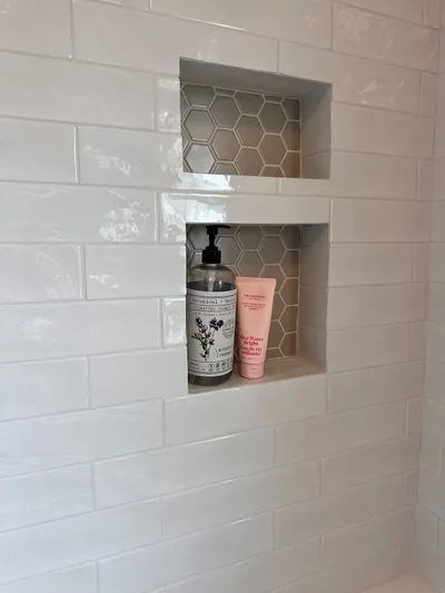 Finished built-in tiled shower niche, Kelowna BC bathroom renovation