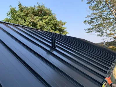 Alternate side view of waterfront cabin metal roof, Okanagan