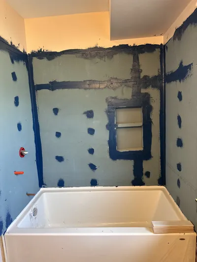 Shower framing and waterproofing during Kelowna bathroom renovation